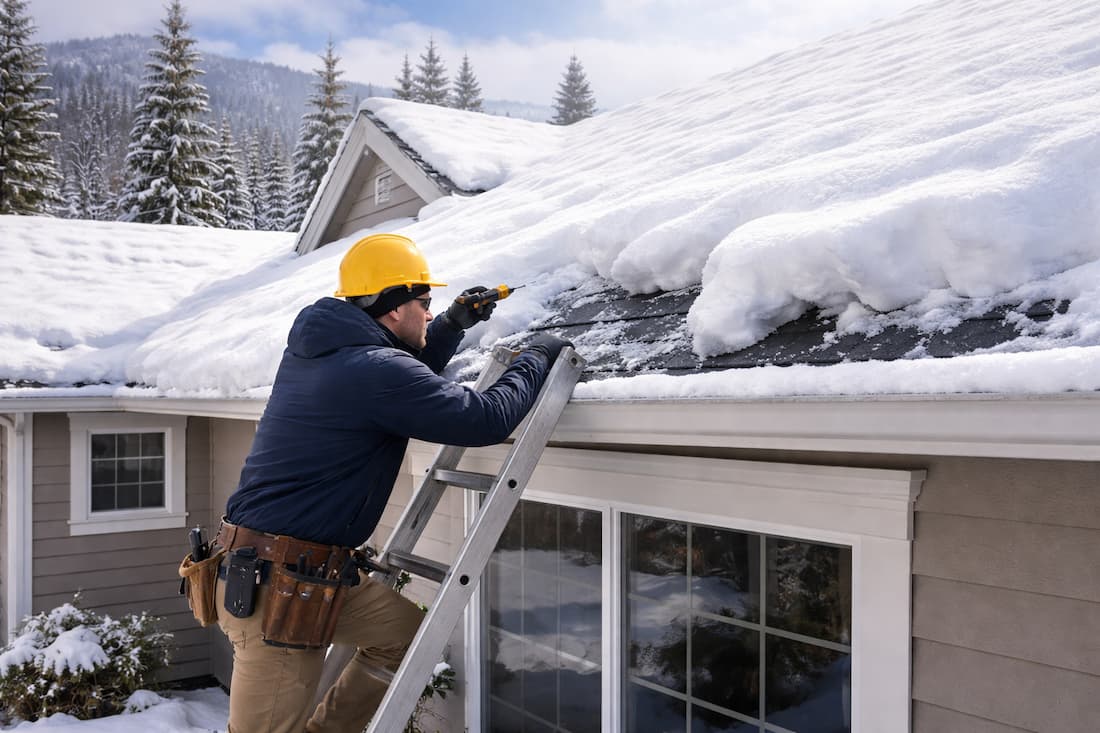 Roof inspection after a winter storm with heavy snow in Reno NV