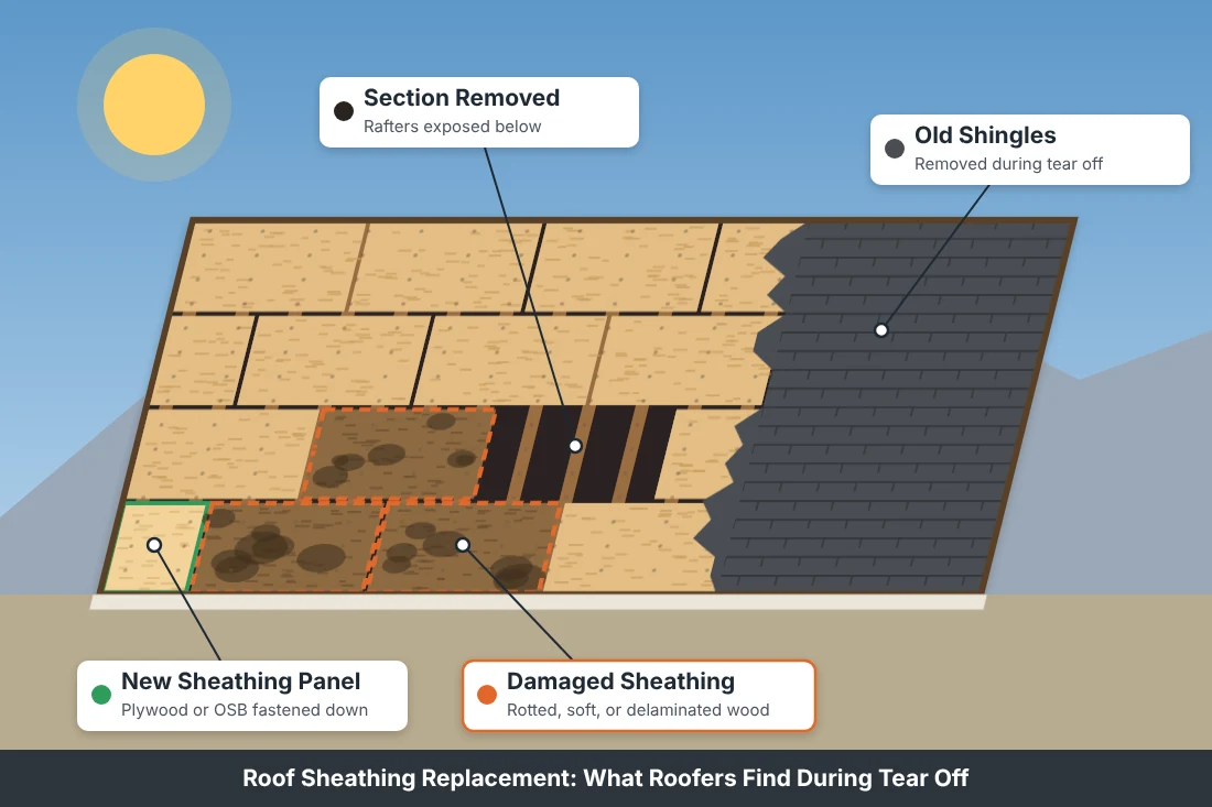 Diagram of a Reno Nevada roof during tear off showing damaged roof sheathing, a removed section, and a new sheathing panel